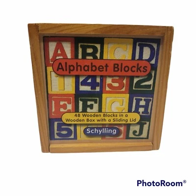 48 Wooden Schylling Alphabet Blocks In A Wooden Box with Sliding Pre-owned  - Image 1 of 4