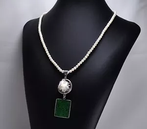 COLLANA DI PERLE E CIONDOLO IN ARGENTO CON GIADA VERDE E CAMMEO ROSA AGDV 0159 - Foto 1 di 3