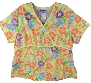 Landau Empire Floral Scrub Top Women Large Yellow Purple Blue Orange V-Neck 8216 - Picture 1 of 17