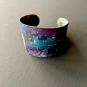 Purple Blue Splatter Gold Enameled VeriEnameled Thin Copper Cuff Bangle Bracelet - Picture 1 of 4