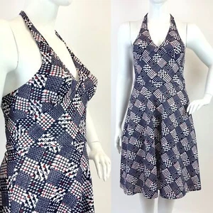 VINTAGE 60s 70s BLUE RED WHITE GEOMETRIC CHECKERBOARD MOD HALTER SUMMER DRESS 16 - Picture 1 of 7