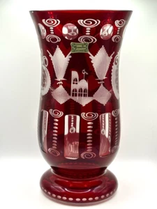 Vintage Bohemian Czech Ruby Red Cut To Clear Etched Glass Scenic Stag Vase 10 In - Picture 1 of 15