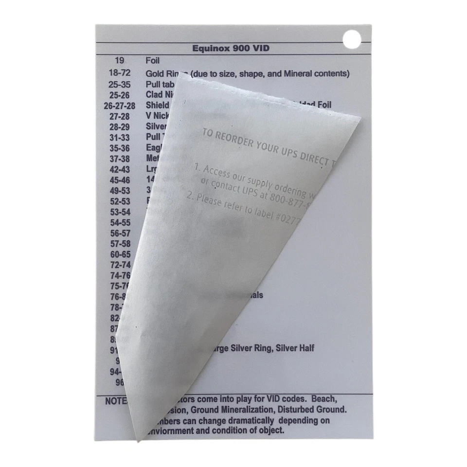 Equinox 900 VID Codes List Metal Detector laminated Target ID Sequential