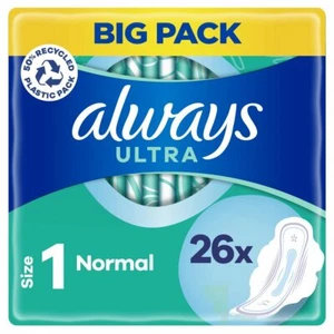 Always Ultra Normal (Größe 1) Sanitär Handtücher mit Flügeln Pack 26 Bremsbeläge - Bild 1 von 6