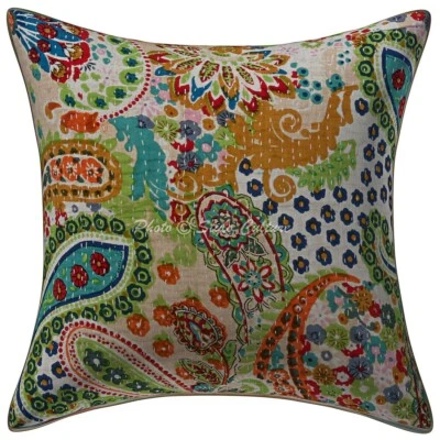 Boho Hippie Yoga Pillow Case Cushion Cover Beige Kantha Indian Meditation - Image 1 of 4