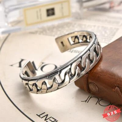 14 毫米纯色 925 银古巴形手镯男式开口尺寸手链 2.36 英寸 Dia — 第 1/4 张图片