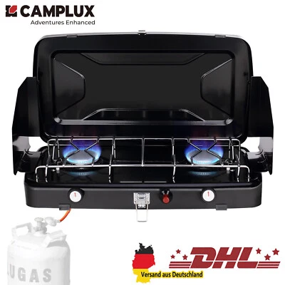 CAMPLUX 2 Flammig Campingkocher Gaskocher mit Deckel für Gasflasche Kocher Herd