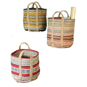 Set 3 Colorful 18 Inch Woven Jute Storage Basket Handles Blanket Book Toy Plant - Picture 1 of 2