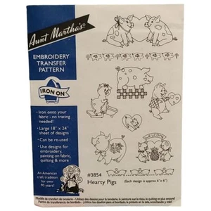 Tía Martha's Hearty Pigs patrón de transferencia planchado #3854 diseño bordado NUEVO - Imagen 1 de 2