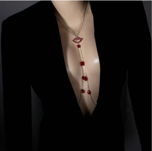 Women Rhinestone Necklace Nipple Red lips Jewel Metal Party Body Chain 33781 - Picture 1 of 4