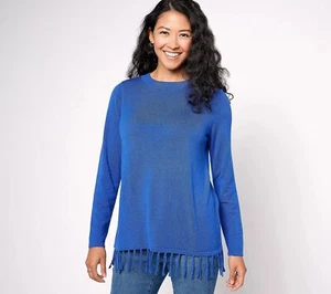 Susan Graver Crewneck with Fringe Sweater Dark Sapphire S New - Picture 1 of 1