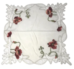 Antique Silk Society Embroidery Table Square Doily Red Flowers Battenberg Lace - Picture 1 of 3