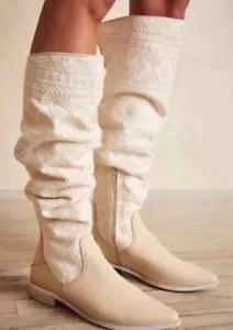 FREE PEOPLE Bren Ecru Slouch Boots Textile/Leather US 10 / EU 40 NEW Retail $298 - Picture 1 of 22