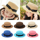 For Women Girls Bowknot Flat Brim Breathable Straw Cap Panama Sun Hat Beach Hat