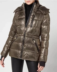 Womens Michael Kors Metallic Gold Logo Puffer Jacket $340 MSRP Size XLarge - Picture 1 of 8