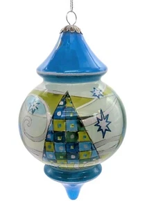 Li Bien Christmas Ornament Painted Blue Green Silver Trees Teardrop Shape 2006 - Picture 1 of 6