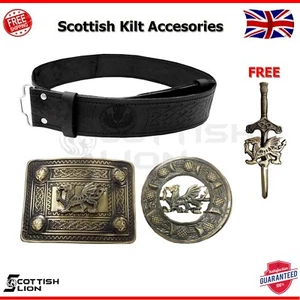 Thistle Embossed Scottish Kilt Belt's Buckle Fly Plaid Brooch & Pin Welsh Dragon - Picture 1 of 1