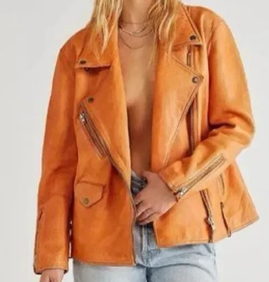 We The Free Free People Jealousy Orange Leather Lined Zip Stud Moto Jacket NEWS - Image 1 of 4