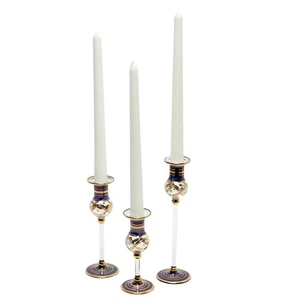 Set of 3 Egyptian Blue and Gold Blown Glass Candlestick Holders w White Candles - Picture 1 of 8