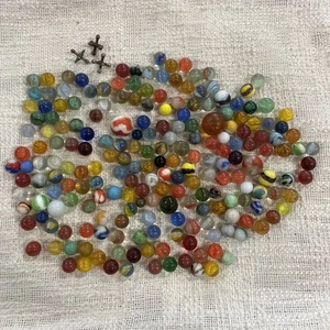 Vintage Lot of 208 Marbles Mix Sizes & Colors - 3 Cast Metal Jacks (2 Ib 8oz) - Picture 1 of 17
