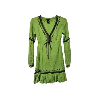 Moda International Bohemian Dress Women's XS Green Brown Embroidered V-Neck EUC  - Image 1 of 4