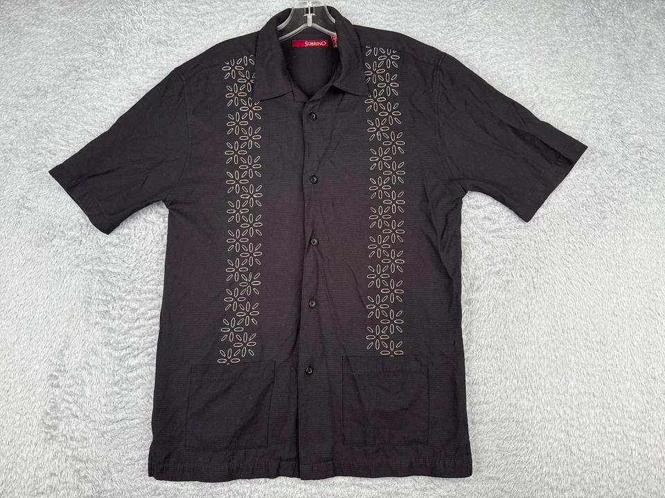 Sobrino Guayabera Shirt Adult Small Black Floral Rayon Polyester Blend - Image 1 of 4