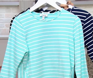 Denim & Co. L Lt Türkis Weiß Gestreiftes French Terry Top mit Ösen Detail A475873 - Bild 1 von 8