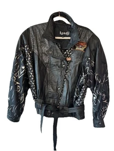 Vintage 90s Black Leather Bomber Jacket Metallic Abstract Patchwork South Dakota L - Bild 1 von 14