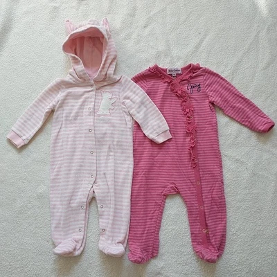 Juicy Couture боди Baby девочек 3-6-9 М розовый полоски Snap логотип махровый бант 2 X комплект - Изображение 1 из 4