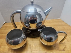 Vtg Modernist Stainless Steel Tea Set – Ball Feet – Henley Style Orb  Atomic Dsn - Picture 1 of 8