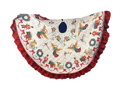 "Falda de árbol acolchada hecha a mano vintage ángeles cascanueces borde de encaje rojo/blanco 58""" Foto 1 de 4