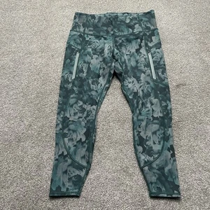 Athleta Rainer Printed Tight Leggings Womens Large Green Floral Zip Pocket HO21 - Picture 1 of 11