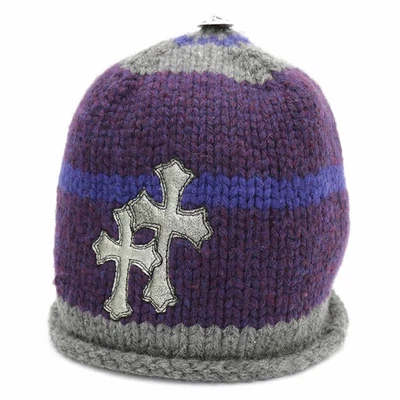 Gorra tejida cachemir corazones cromados parche cruzado botón borde púrpura Foto 1 de 4
