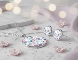 Conjunto de joyas conjunto de joyas collar plata pendientes redondo lila rosa morado mujer - Imagen 1 de 6