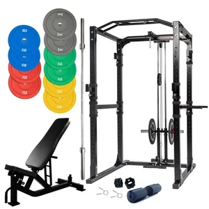 Preorder Power Rack Bundle - 150kg Colour Weight Plates, Barbell & Bench - Picture 1 of 20