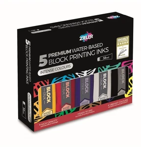 5 Water-Based Block Printing Inks - Black, Blue, Red, White & Yellow - Picture 1 of 7