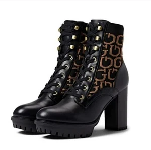 GUESS Platform Chunky Lace Up Ankle Boots Women's 8.5M Knit Logo Black Gold - Picture 1 of 15