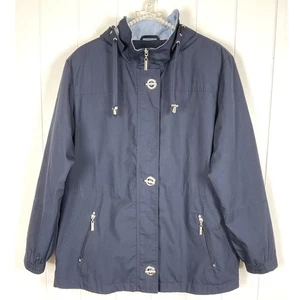 Mackintosh New England Navy Womens Rain Jacket Pin Striped Detachable Hood SZ L - Picture 1 of 8