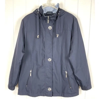 Chaqueta de Lluvia Mackintosh Nueva Inglaterra Azul Marino Para Mujer Prendedor Rayas Capucha Desmontable Talla L Foto 1 de 4