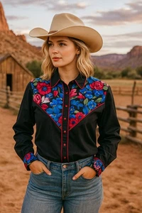 Vintage Damen 2x Western Hemd mit Knopfleiste schwarz Blumen Strass Rodeo - Bild 1 von 16