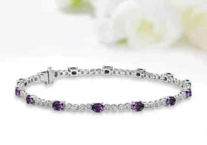 10 Ct Oval Cut Simulated Amethyst Women's Tennis Bracelet 14k White Gold Plated - Picture 1 of 4