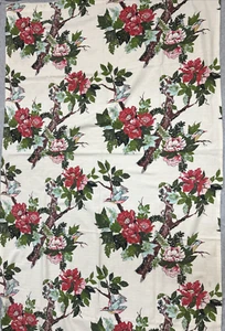 Vtg 50s Barkcloth Fabric 44 X 93 Curtain Panel Beautiful Red Pink Floral Design - Picture 1 of 11