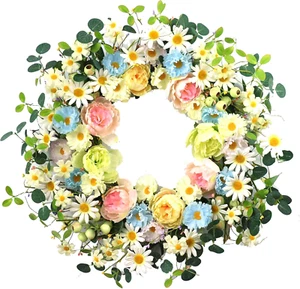 24” Artificial Flower Wreath,Daisy and Rose Wreath Colorful Spring/Summer Floral - Picture 1 of 6