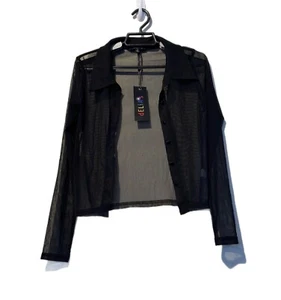 Delia’s You Got Served Sheer Mesh Top Sz S Black Striped Collar Button Goth NWT - Picture 1 of 3