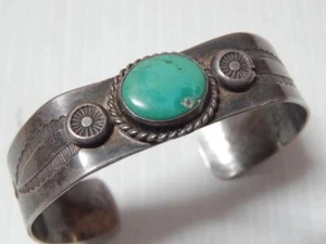 ANTIQUE / VINTAGE NAVAJO STERLING SILVER TURQUOISE CUFF BRACELET - sz:6.5 - Picture 1 of 5
