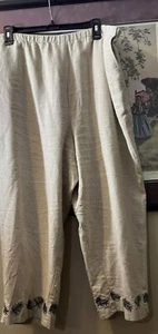 Sag Harbor Women's Size 18 Beige Floral Fern Embroidered Linen Rayon Pants - Picture 1 of 4