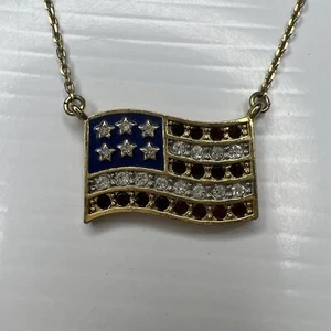 H3 NR Gold Chain American Flag Enamel crystals USA retro necklace 18” - Picture 1 of 8