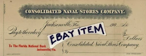 1906 CONSOLIDATO NAVAL STORES COMPANY Jacksonville FLORIDA BANCA NAZIONALE assegno - Foto 1 di 1