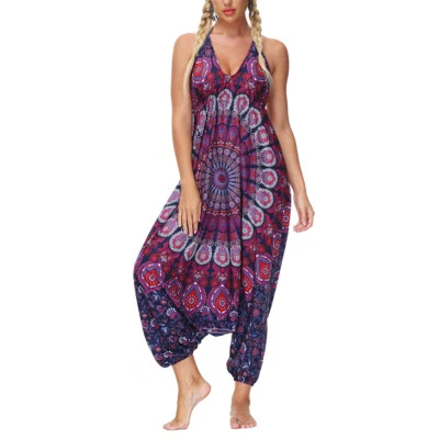 Macacão Lady Boho Floral Tiras Baggy Hippy Harém Gota Virilha Romper Macacão Playsuit - Imagem 1 de 4