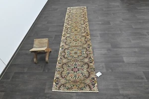 Vintage Turkish Runner Rug 2x9ft Wool Anatolian Handmade Hallway Oushak BROWN - Picture 1 of 10